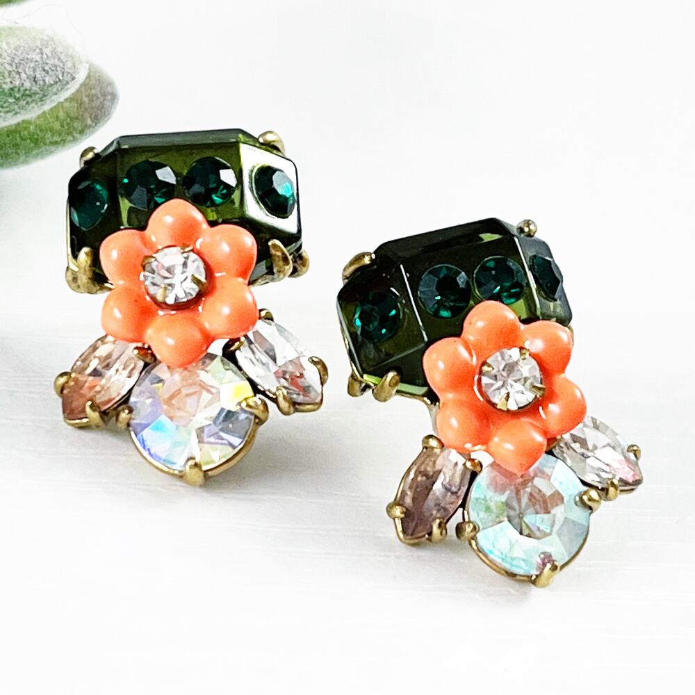 Upcycled J. Crew Green & Coral Crystal Flower Pierced Earrings